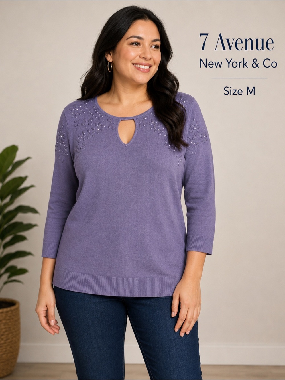 7 Avenue New York & Company Purple Embellished Cottagecore Sweater Top Size M
